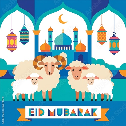 Colorful Eid mubarak illustration with a mosque, crescent, lanterns, and happy sheep family, celebrating a joyful Islamic festival.