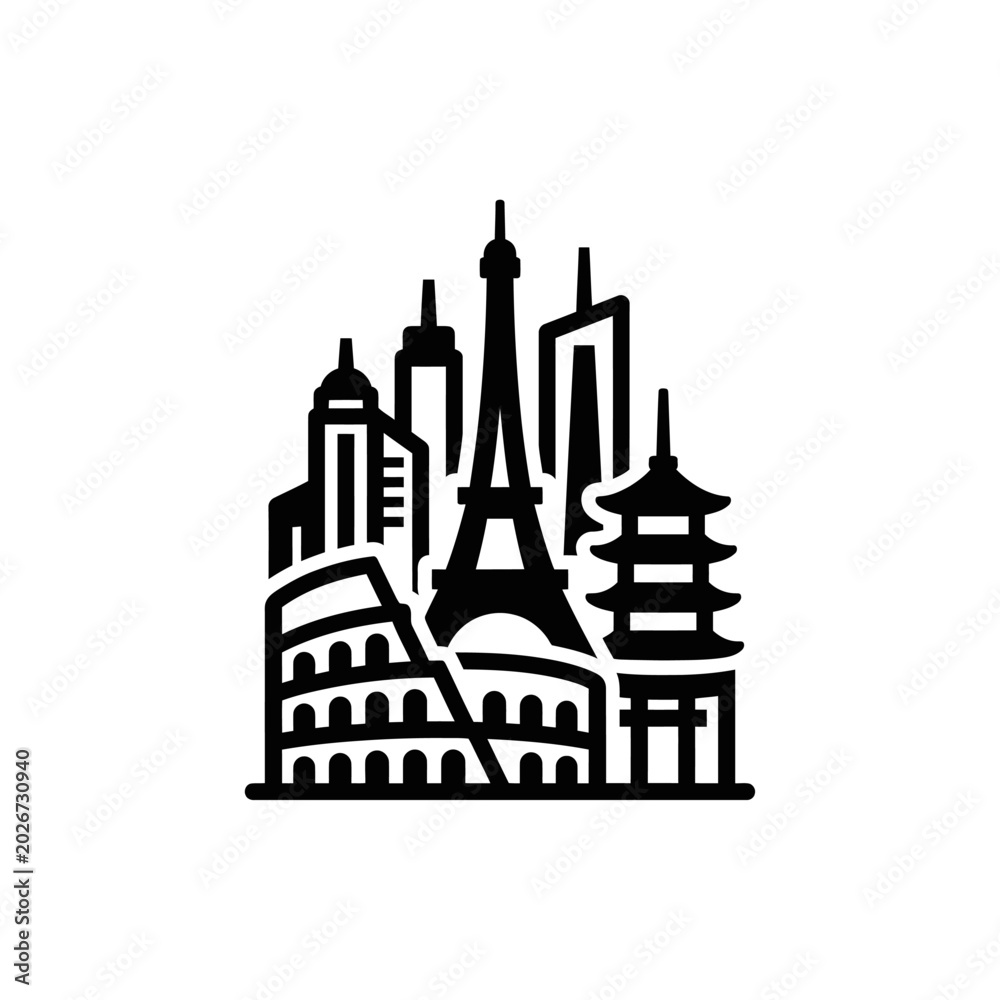 Fototapeta premium Iconic Landmarks Silhouette Global Travel Concept
