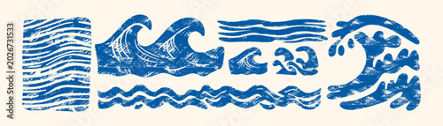 Blue ocean wave vector set in rough crayon linocut texture — sea water illustrations for retro nautical stamp, surf clipart, rustic marine pattern and summer design