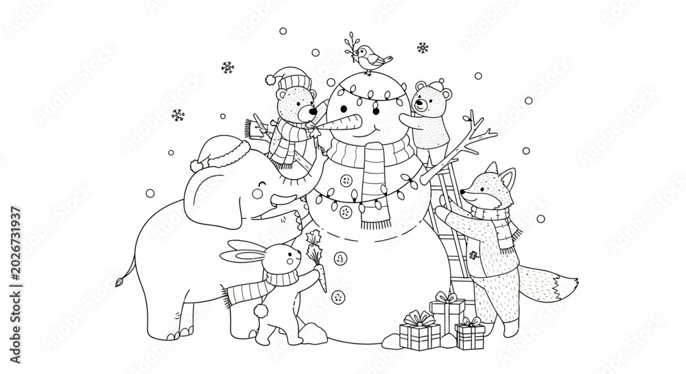 Fototapeta premium Cute cartoon animals building a snowman, festive winter scene with Christmas lights and presents, black and white line art for coloring