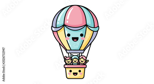 Tableau sur toile Cute Kawaii Hot Air Balloon with Happy Characters Flying