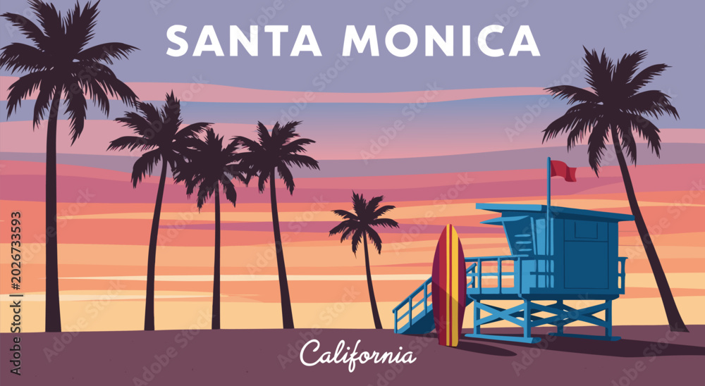 Obraz premium Santa Monica California Retro Sunset Vector Illustration with Palm Trees and Lifeguard Stand