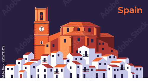 Foto Vector illustration of a historic Spanish village with whitewashed houses and a