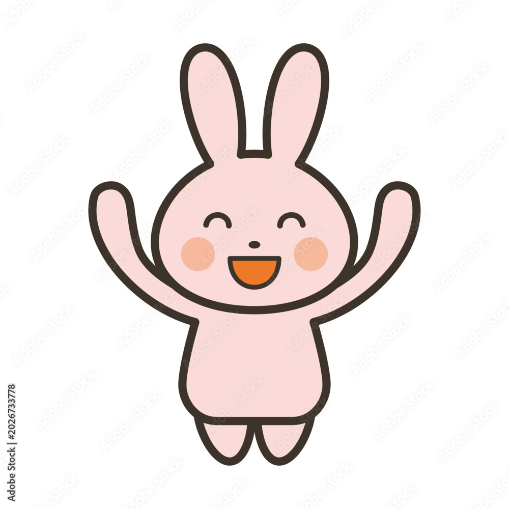 Fototapeta premium バンザイをして喜ぶかわいいうさぎのキャラクターの全身イラスト