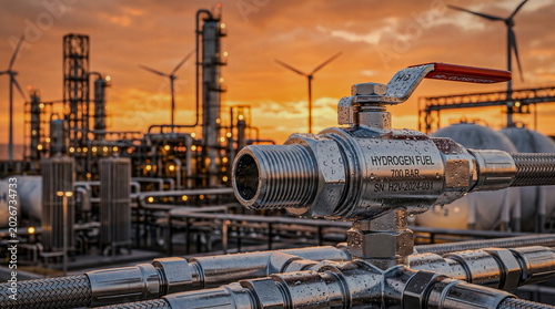 Chrome hydrogen valve with condensate drops at futuristic energy plant