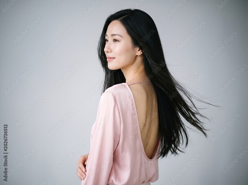 Obraz premium Beautiful young Asian woman with long dark hair looking away and smiling