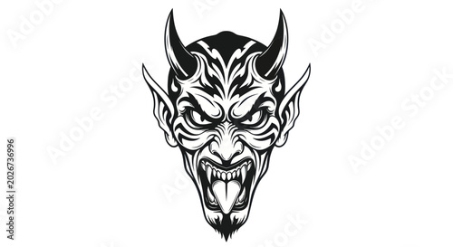 Canvastavla Scary Devil Face Illustration with Horns and Sharp Teeth