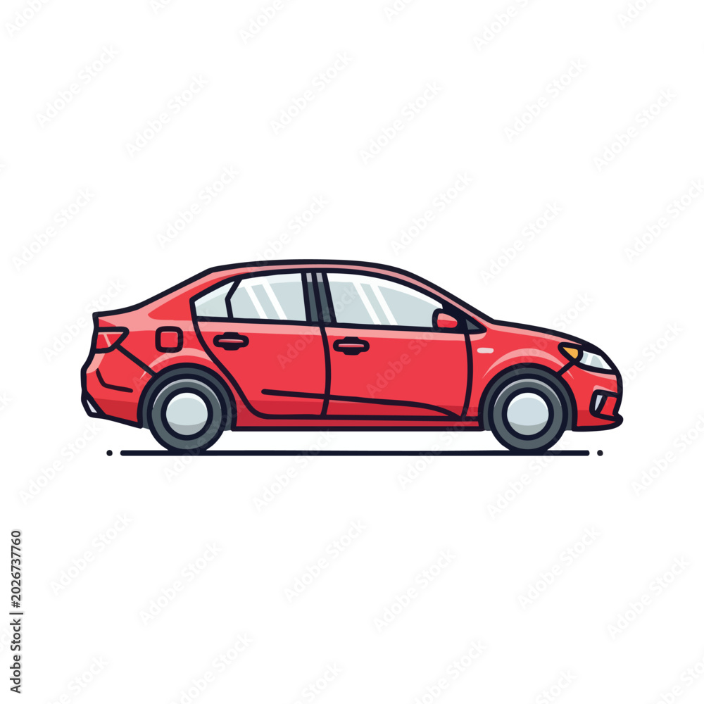 Obraz premium Flat vector illustration of a red sedan car side view.