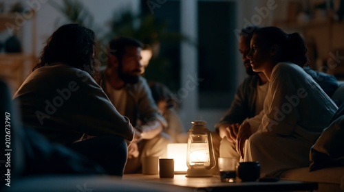 Group of people sitting indoors with lantern during electricity outage. Home blackout response and emergency preparedness during severe weather