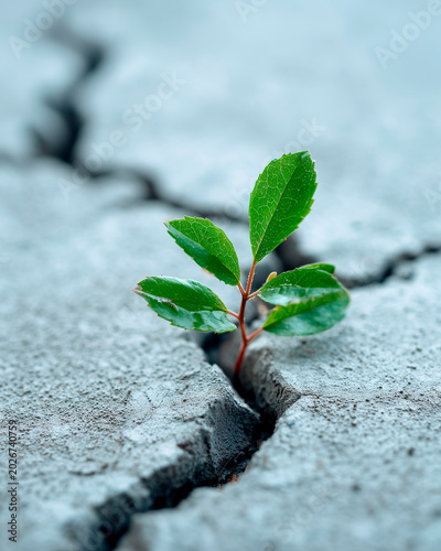surreal resilient business concept, single green plant growing through a cracked concrete office floor, minimal premium composition, clean background