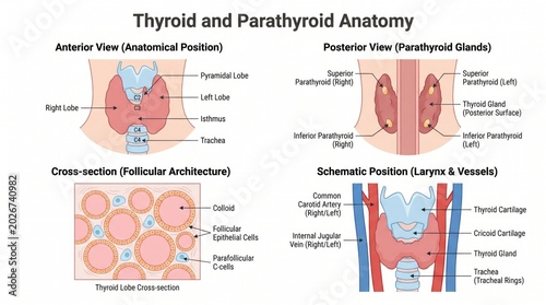Labelled anatomy chart of thyroid and parathyroid glands with follicle detail