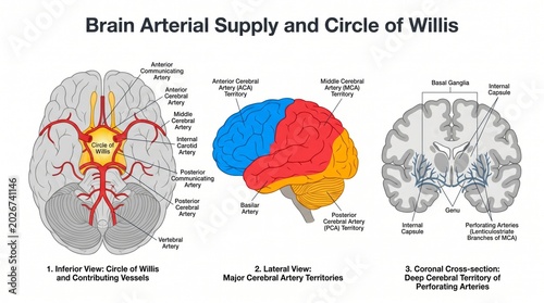 Human brain blood supply and Circle of Willis anatomy chart