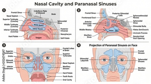 Four-view anatomy chart of nasal cavity and paranasal sinuses
