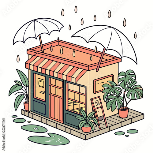 Isometric illustration of a small storefront shop in the rain with umbrellas