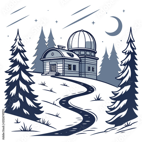 Observatory on snowy hill at night with pine trees and crescent moon, building