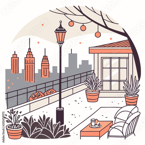 Rooftop cafe patio with city skyline background and outdoor seating, line art