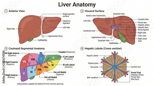 Hepatic lobule and Couinaud segment anatomy chart of human liver