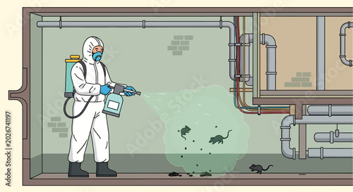 Schilderij op canvas Pest Control Specialist Spraying Chemicals to Eliminate Rodent Infestation in Ba