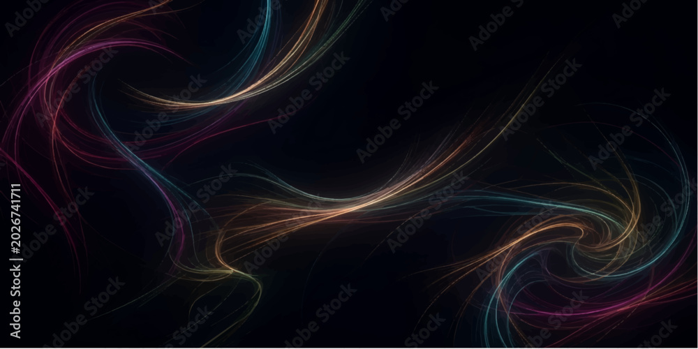Obraz premium Abstract red background with purple and blue fractal light waves creates a digital 3d motion texture with smoky curves and energy lines on a black art backdrop