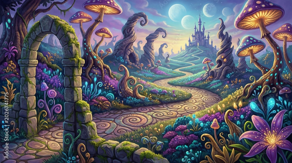 Obraz premium Animated landscape with colorful hills and trees concept. A whimsical fantasy landscape filled with vibrant flora.