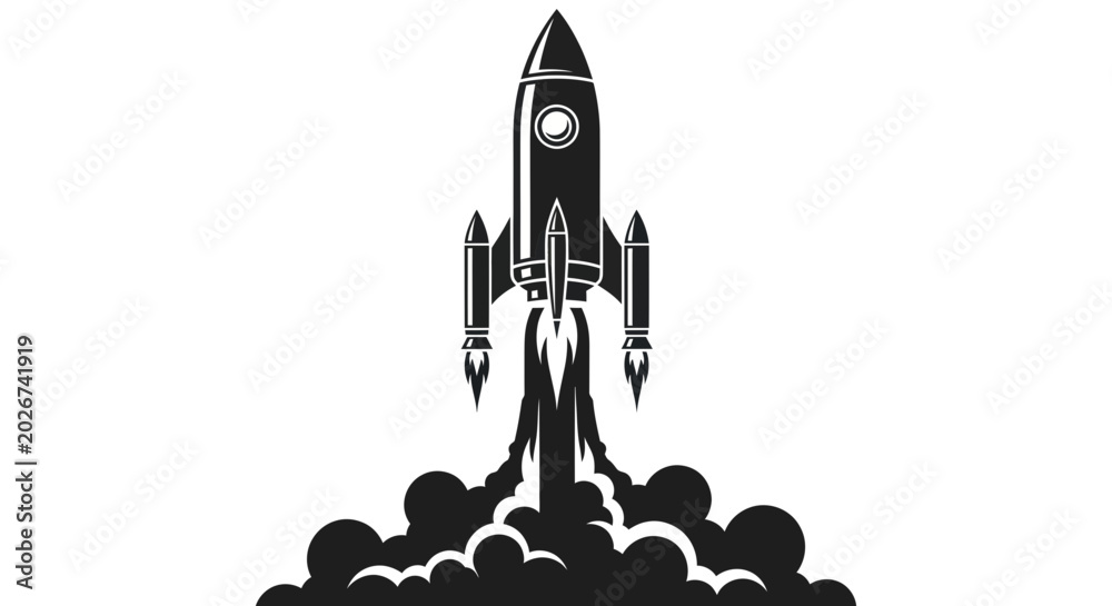 Fototapeta premium Retro Rocket Launching Into Space With Smoke Trail