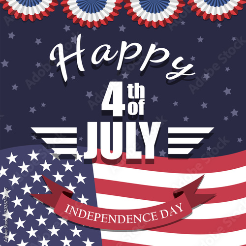 Patriotic 4th of July poster with American flag, stars, ribbon and festive typography. Independence Day celebration background in retro USA style vector illustration.