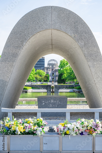 Photos Cenotaph at Hiroshima Peace Memorial Park with Atomic Bomb Dome View