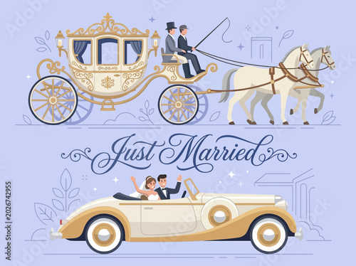 Εκτύπωση καμβά Elegant Wedding Transportation Vector Set with Ornate Horse-Drawn Carriage and V