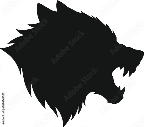 Bild auf Leinwand Wolf silhouette shows a snarling predator head in a bold black minimalist graphic design style