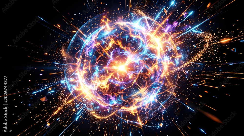 Obraz premium Futuristic Abstract Energy Sphere Big Bang Cosmic Explosion Sparking Particles and Plasma Fire Flames in Deep Black Space Background Sci-Fi Digital Art Core Power Nuclear Fusion Concept