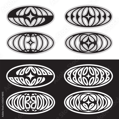 Futuristic Y2K Globe Emblems Vector Set with Retro Oval Grid Symbols