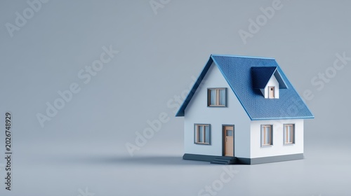 3D render of a simple two-story house with a blue roof, white walls, and gray trim, isolated on a gray background.