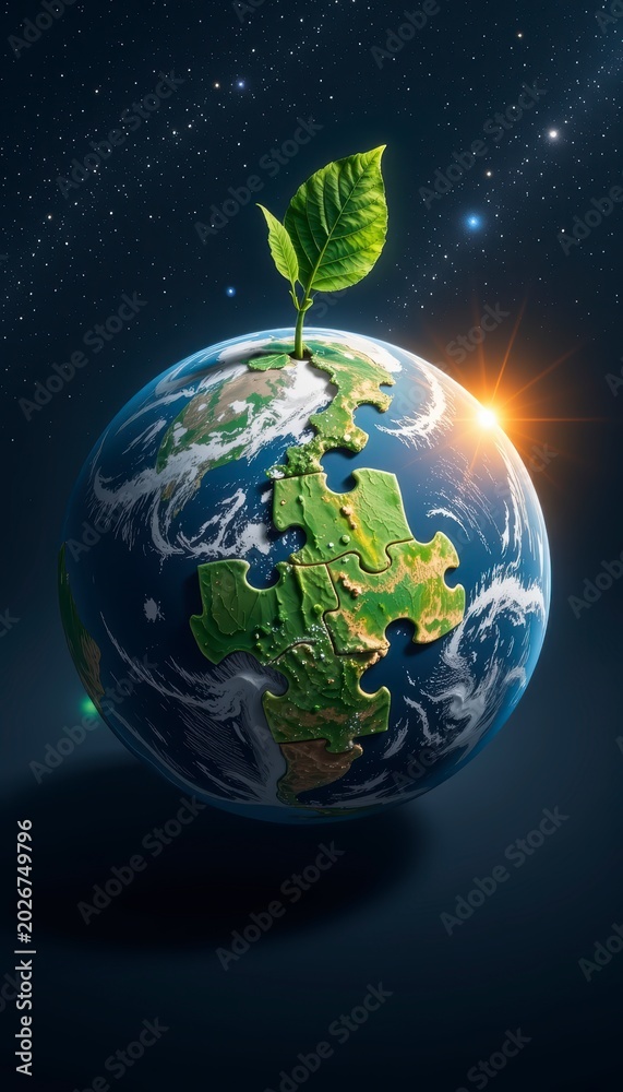 Fototapeta premium Earth with Puzzle Pattern and Green Leaf Starry Cosmos