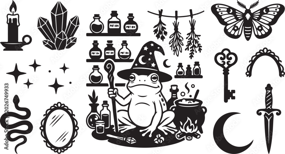 Obraz premium Whimsical witchcraft symbols and mystical objects collection