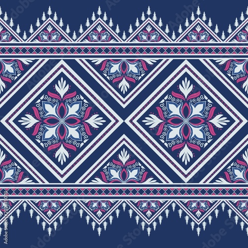Navy Tribal Geometric Pattern with Ornamental Floral Motifs Seamless Design Elegant Blue Ethnic Seamless Pattern with Floral Diamond and Decorative Borders