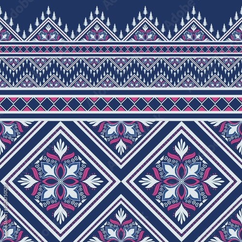 Navy Tribal Geometric Pattern with Ornamental Floral Motifs Seamless Design Elegant Blue Ethnic Seamless Pattern with Floral Diamond and Decorative Borders