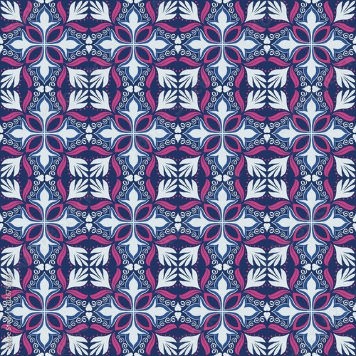 Navy Tribal Geometric Pattern with Ornamental Floral Motifs Seamless Design Elegant Blue Ethnic Seamless Pattern with Floral Diamond and Decorative Borders