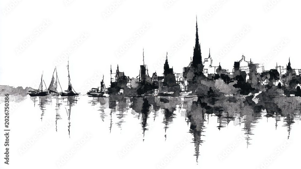 Fototapeta premium black and white sketch city with reflection drawing in watercolor pencil. Generative AI.