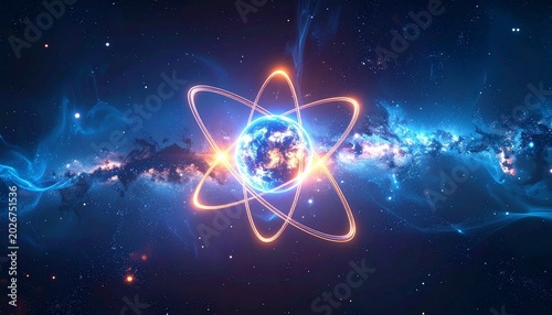 Stylized glowing atomic nucleus with elliptical electron orbits, symbolizing atomic structure, fundamental particles, and scientific visualization.