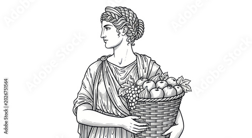 Cuadro en lienzo Ancient Greek Woman Holding Basket of Fruits, Classical Sculpture Illustration