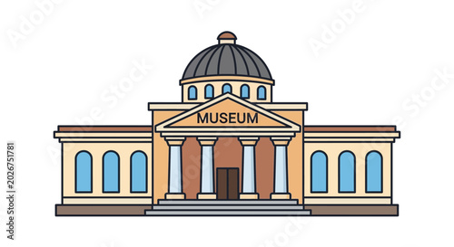 Illustrated museum building with columns and dome isolated on white background