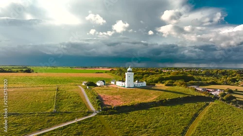 South Foreland Lighthouse from a drone, South Foreland in St. Margaret's Bay, Dover, Kent, England