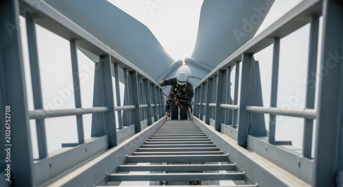 Worker climbs tall ladder towards massive wind turbine blades for maintenance work