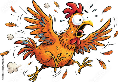 Картината върху платно Funny panicked chicken cartoon character, scared hen running with flying feather