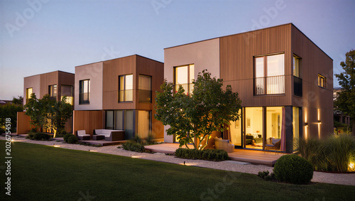 Fotografía Modern residential living units with wooden exterior at dusk real estate archite