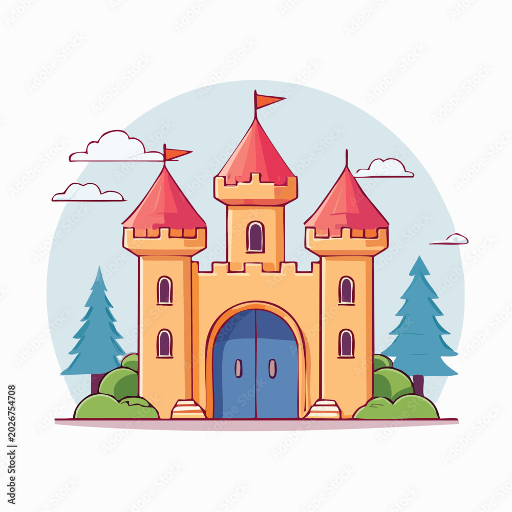 Fototapeta premium Cartoon Castle with Towers and Flags