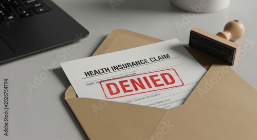 Official health insurance claim paperwork resting inside a craft envelope marked with a bold red DENIED stamp