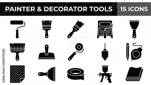 Canvastavla Painter decorator tools icons, 15 black vector graphics, painting equipment symb