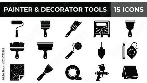 Canvastavla Painter decorator tools icons, 15 black vector icons, painting equipment symbols