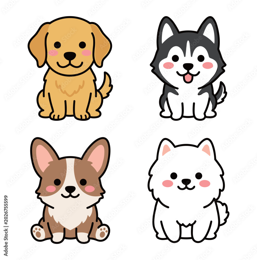 Fototapeta premium Cute puppy dog breed sticker collection featuring cartoon golden retriever siberian husky welsh corgi and white pomeranian puppy